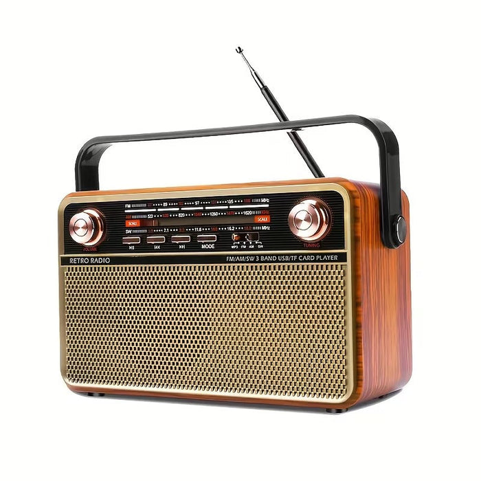 Radio portátil retro marrón AM/FM/onda corta con reproducción USB, TF y AUX