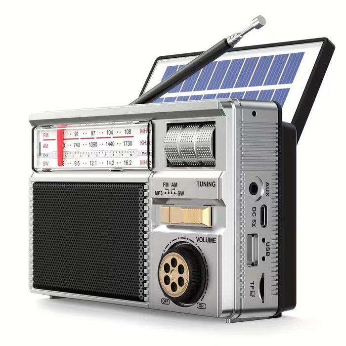 Radio portátil plateada AM/FM con Bluetooth, carga solar y USB, batería de 1200 mAh