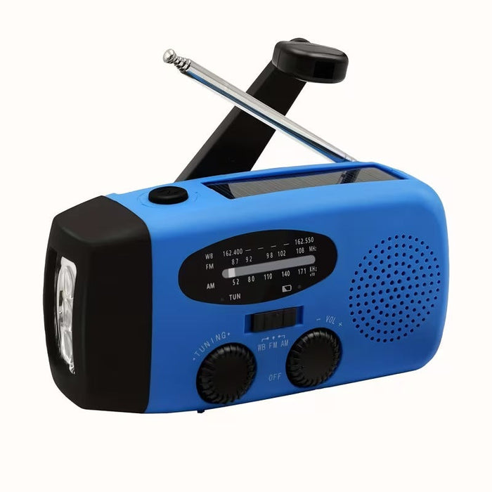 Radio de emergencia AM/FM/NOAA con linterna LED, manivela, panel solar y batería de 2000 mAh