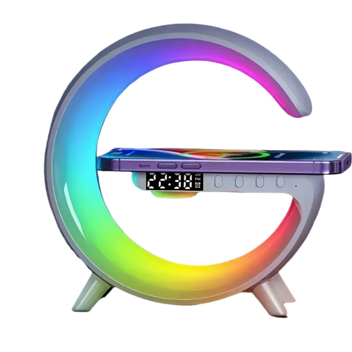 Altavoz Bluetooth con luz RGB, despertador y carga inalámbrica rápida, USB-C