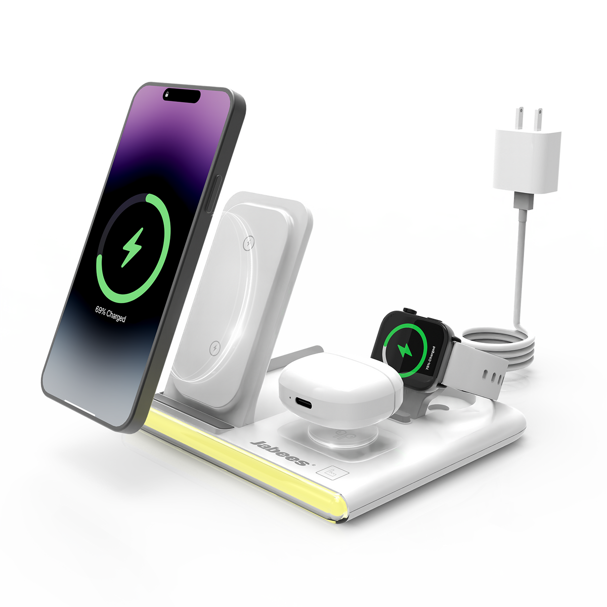Cargador inalámbrico plegable 4 en 1 Jabees PowerGlow con luz LED