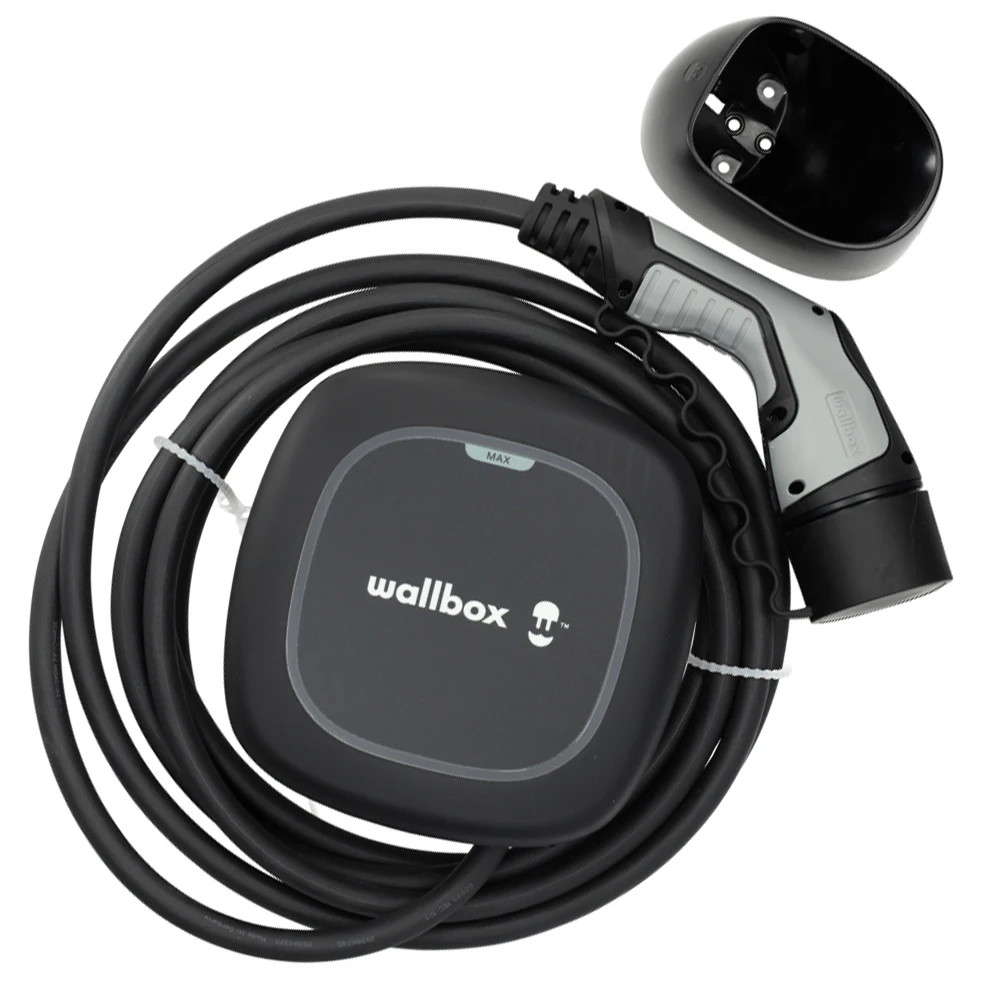 Cargador de coche eléctrico Wallbox Pulsar Max negro con cable enrollado y conector Tipo 2, vista del equipo completo.