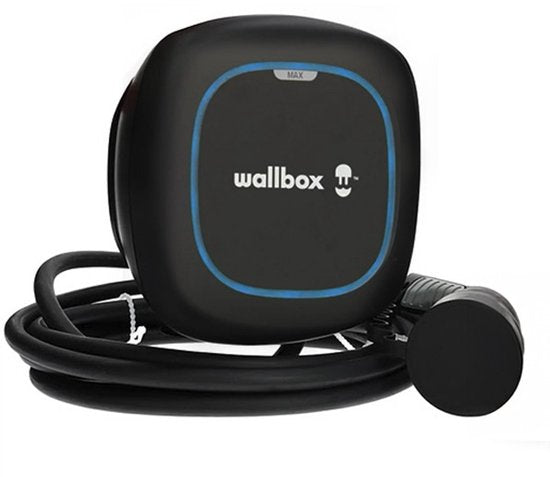 Black Wallbox Pulsar Max electric car charger with neatly stored cable and Type 2 connector, product photograph.
