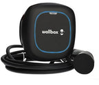 Black Wallbox Pulsar Max electric car charger with neatly stored cable and Type 2 connector, product photograph.