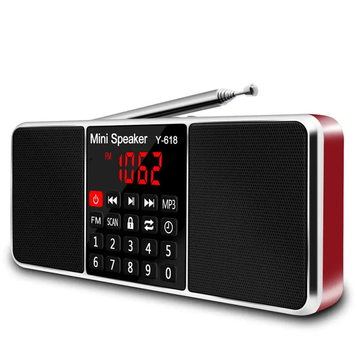 Radio FM digital portátil roja con pantalla, USB y altavoces estéreo de 2 × 3 W