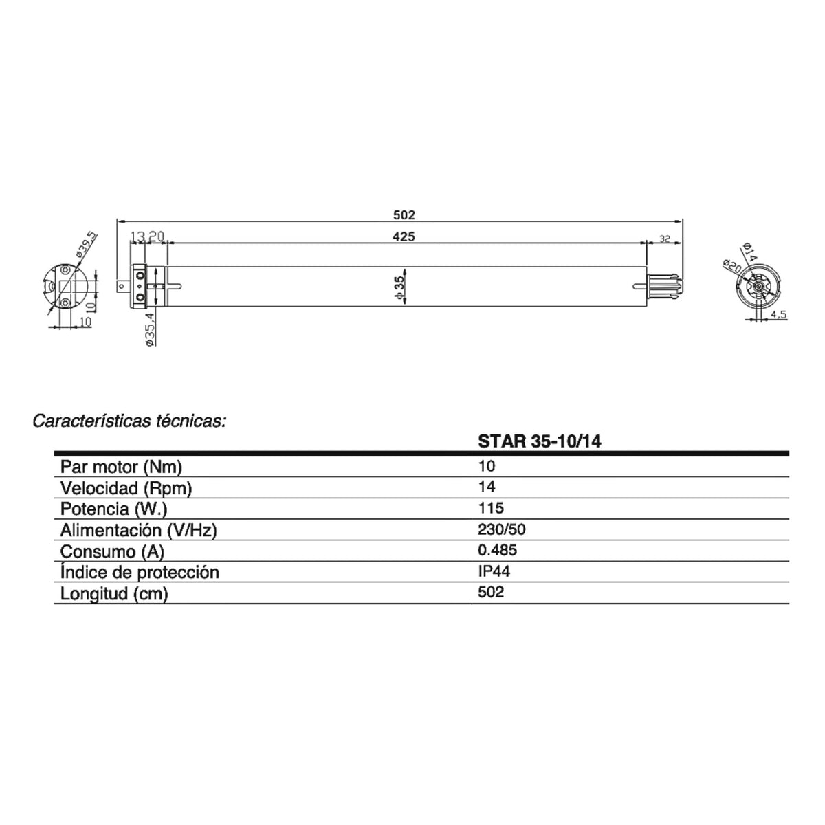 Motor Persiana Ø35 Star para Mini Ø40 Octogonal | Domotizable