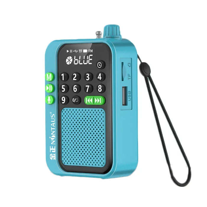 Mini radio FM portátil azul con Bluetooth, grabación y altavoz de 5 W
