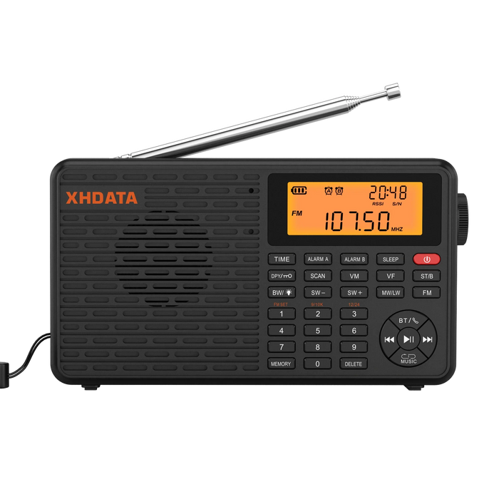 Radio portátil digital XHDATA D-109 AM/FM/onda corta con Bluetooth, negra