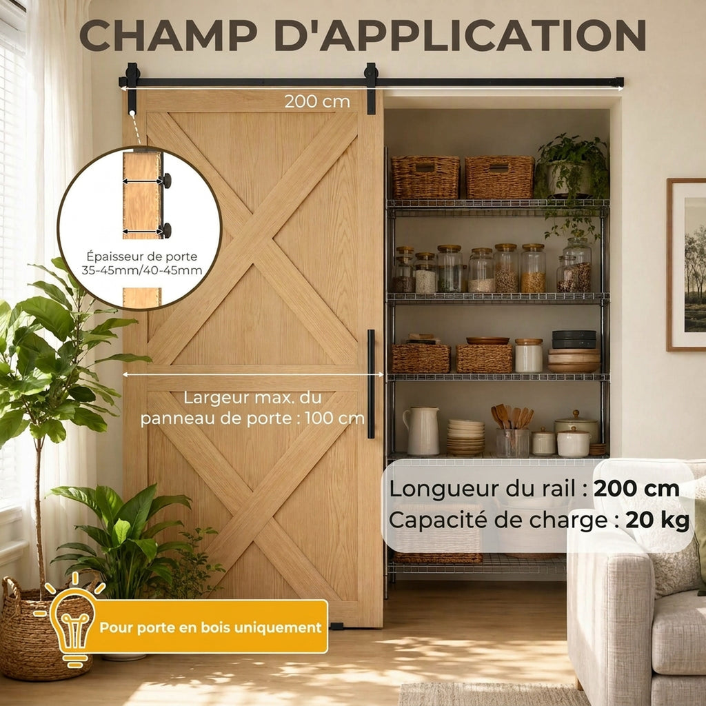 Rail de 200 cm pour porte de grange coulissante en acier au carbone