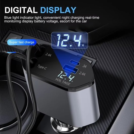 Cargador de Coche Rápido 120W 4 en 1 con Cables Retráctiles