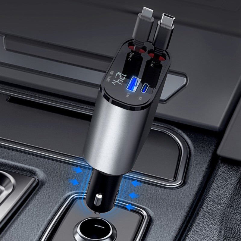 Cargador de Coche Rápido 120W 4 en 1 con Cables Retráctiles
