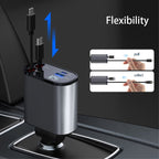 Cargador de Coche Rápido 120W 4 en 1 con Cables Retráctiles