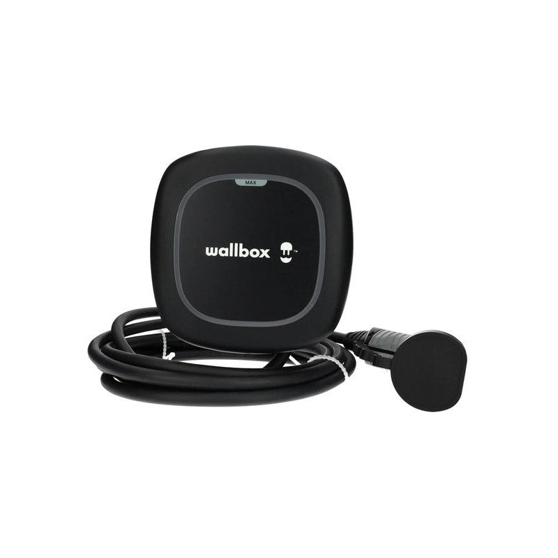 Wallbox Pulsar Max negro trifásico de 22 kW con cable Tipo 2 de 5 m, vista frontal de catálogo.