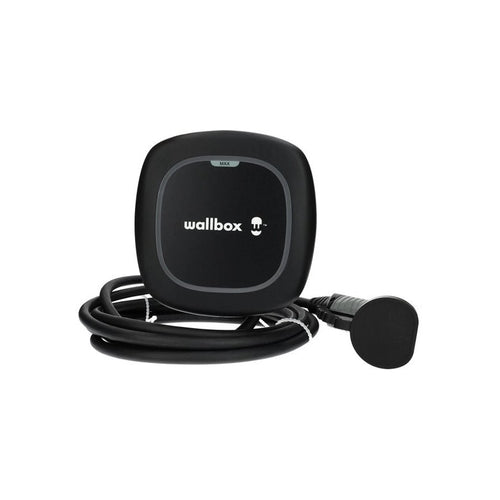 Wallbox Pulsar Max negro trifásico de 22 kW con cable Tipo 2 de 5 m, vista frontal de catálogo.