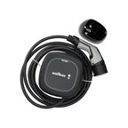 Top view of the black Wallbox Pulsar Max electric car charger with Type 2 cable; illustrative stand not included.