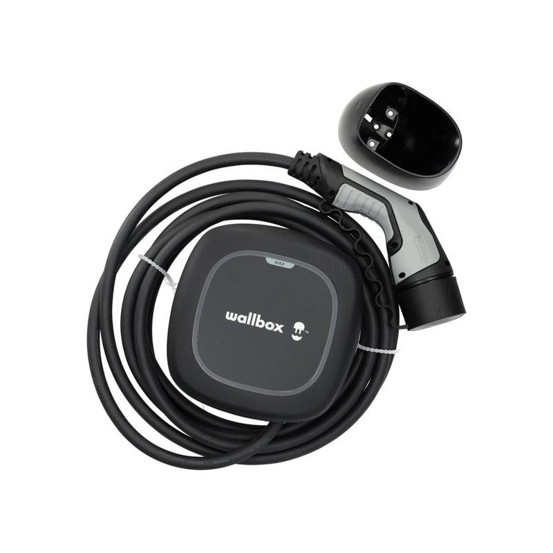 Vista superior del Wallbox Pulsar Max negro con cable Tipo 2; soporte ilustrativo no incluido.