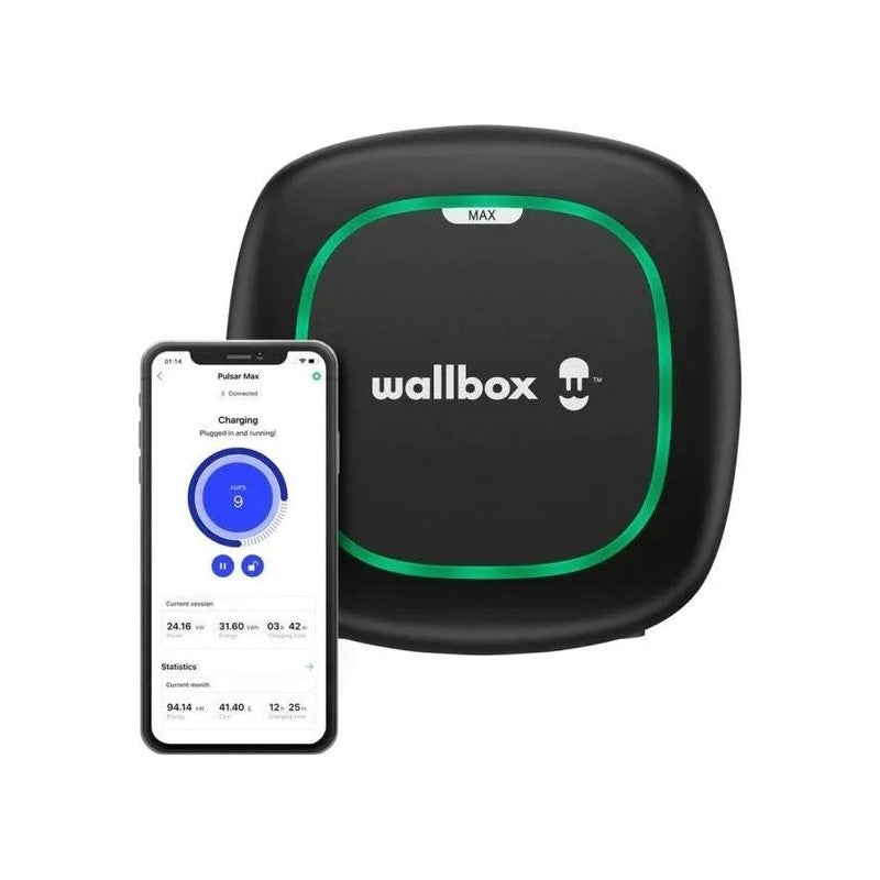 Wallbox Pulsar Max 22 kW y ejemplo de control desde aplicación; imagen de catálogo.