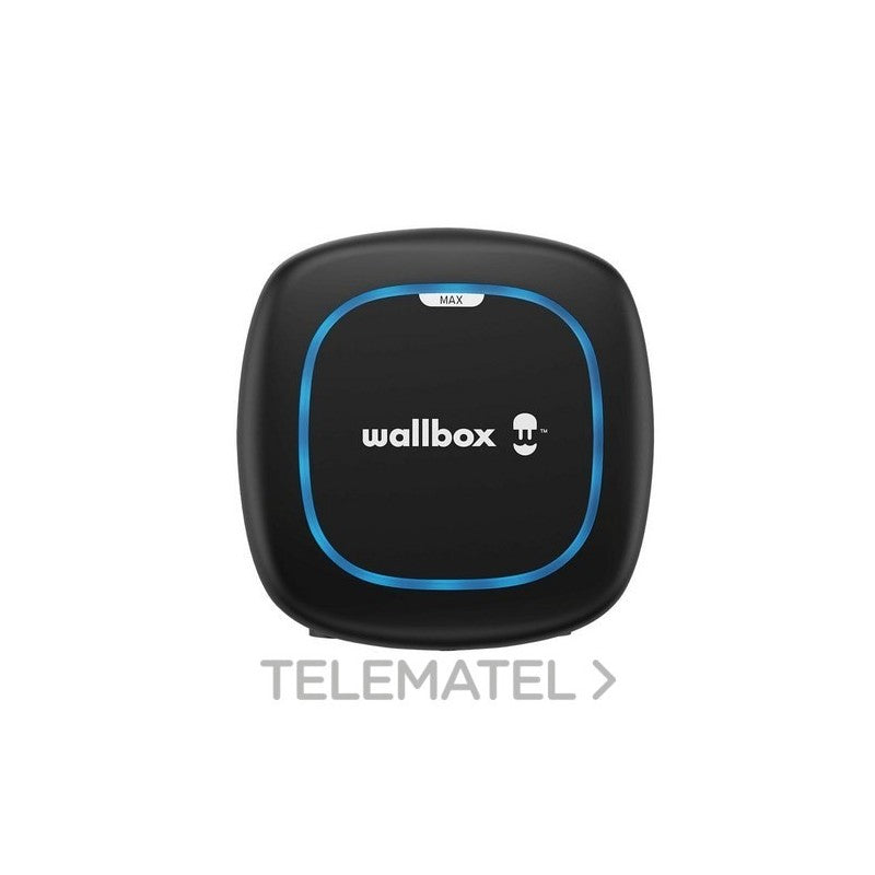 Wallbox Pulsar Max 7,4 kW negro: vista frontal de la carcasa y halo luminoso. Imagen de catálogo.