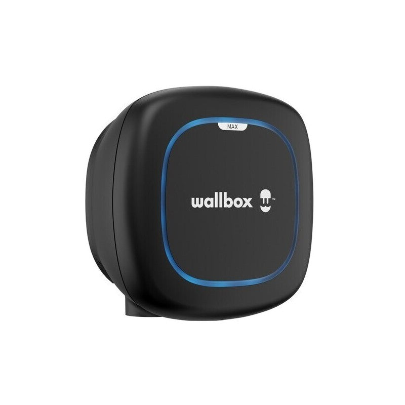 Detalle lateral del Wallbox Pulsar Max negro con halo luminoso, versión 7,4 kW.