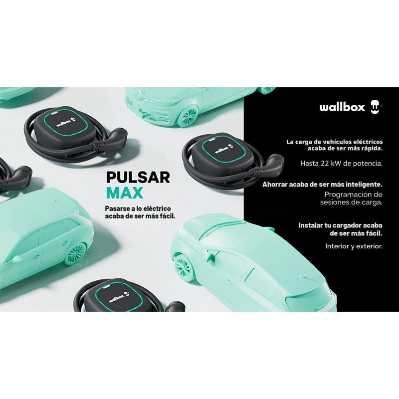 Otra vista de catálogo del Wallbox Pulsar Max negro, referencia 7,4 kW con cable de 5 m.