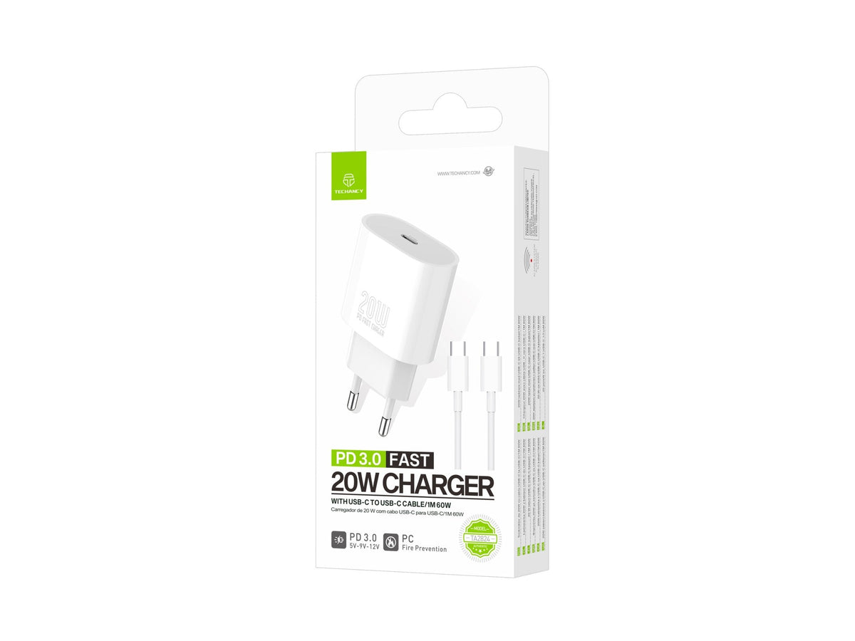 Techancy Carregador TA2824 PD3.0 20W com Cabo USB-C para USB-C Compativel com Tablets Portateis Telemoveis Android-2