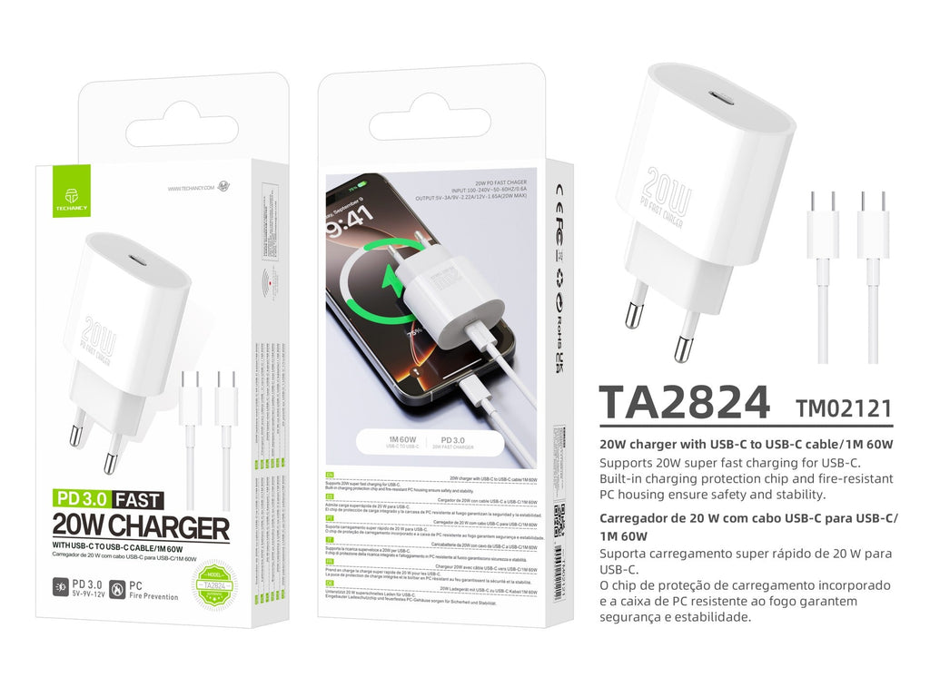 Techancy Carregador TA2824 PD3.0 20W com Cabo USB-C para USB-C Compativel com Tablets Portateis Telemoveis Android-4