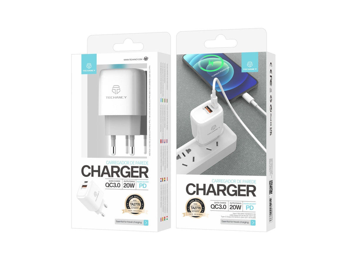 Techancy Carregador Branco De 20 W  TA2801, Suporta Pd E Qc3.0, Carregamento Rápido Pd, Compatível Com Telemóveis, Tablets-1