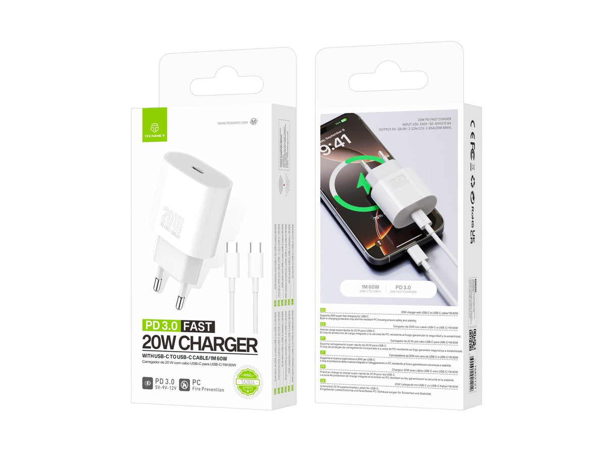 Techancy Carregador TA2824 PD3.0 20W com Cabo USB-C para USB-C Compativel com Tablets Portateis Telemoveis Android-3