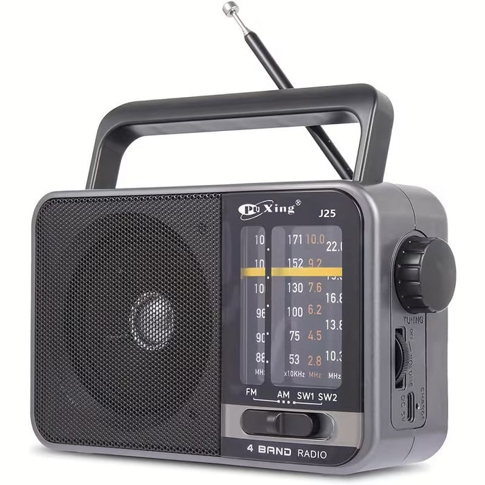 Radio portátil gris AM/FM con altavoz y recarga USB