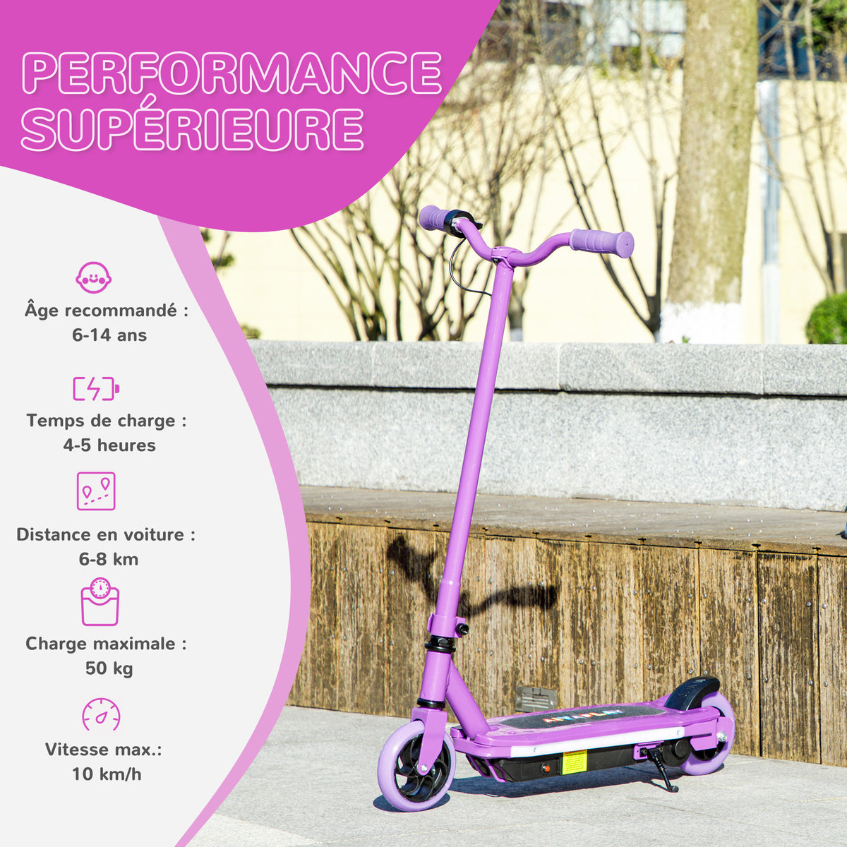 Trottinette électrique pour enfants 6-14 ans, vitesse maximale 10 km/h, lumières LED colorées, frein électrique, violet-5